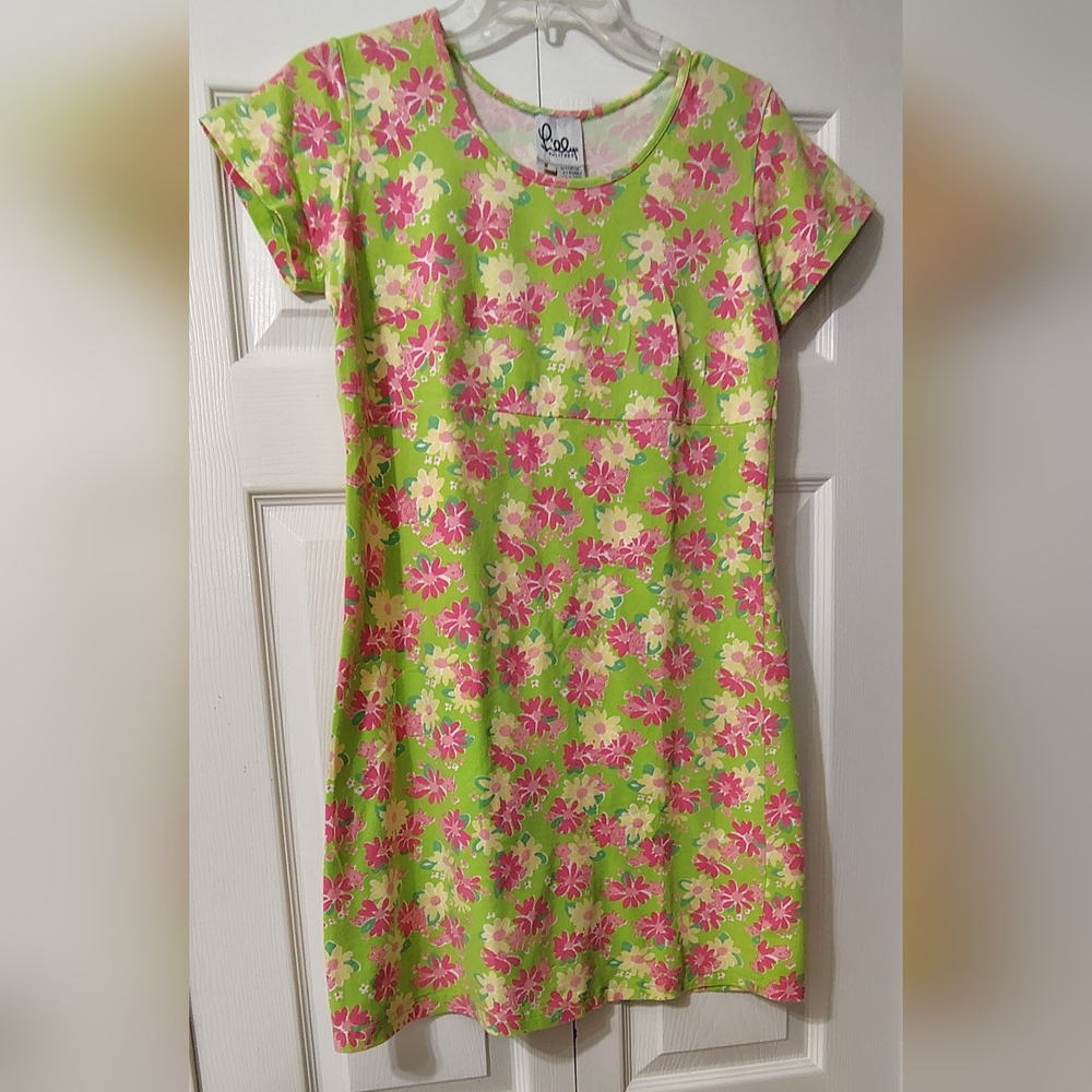 VTG Lilly Pulitzer Pop Floral Lime Green Pink Cotton Shift Dress- Rhinos Sz S